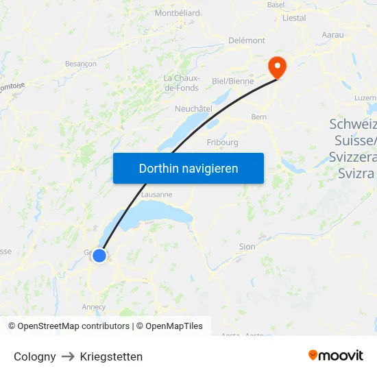 Cologny to Kriegstetten map