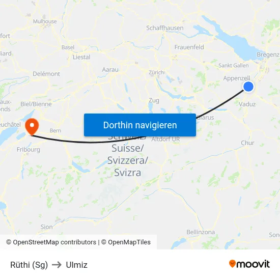 Rüthi (Sg) to Ulmiz map