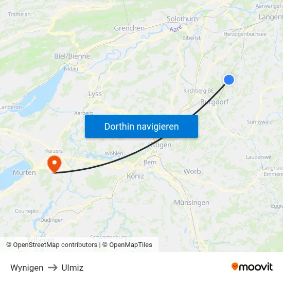 Wynigen to Ulmiz map