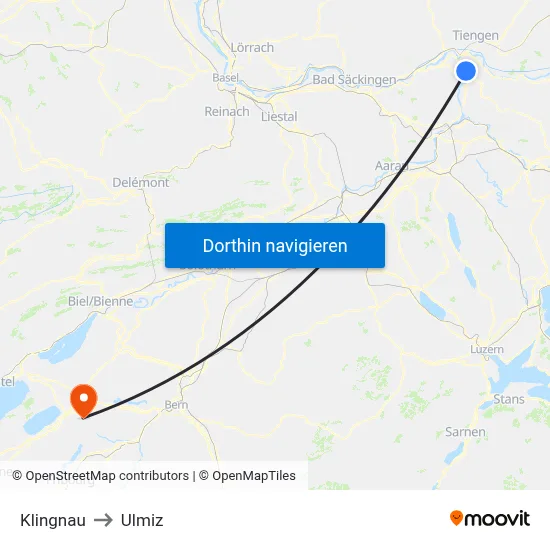 Klingnau to Ulmiz map
