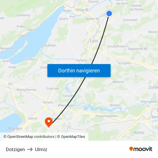 Dotzigen to Ulmiz map