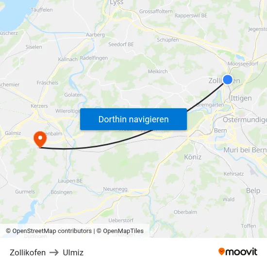 Zollikofen to Ulmiz map