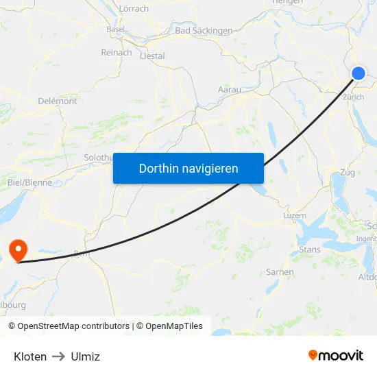 Kloten to Ulmiz map