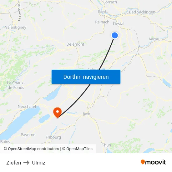Ziefen to Ulmiz map