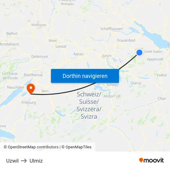 Uzwil to Ulmiz map