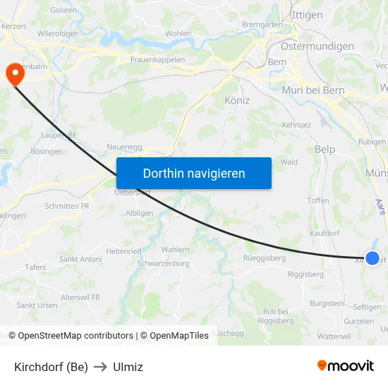 Kirchdorf (Be) to Ulmiz map