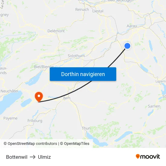 Bottenwil to Ulmiz map