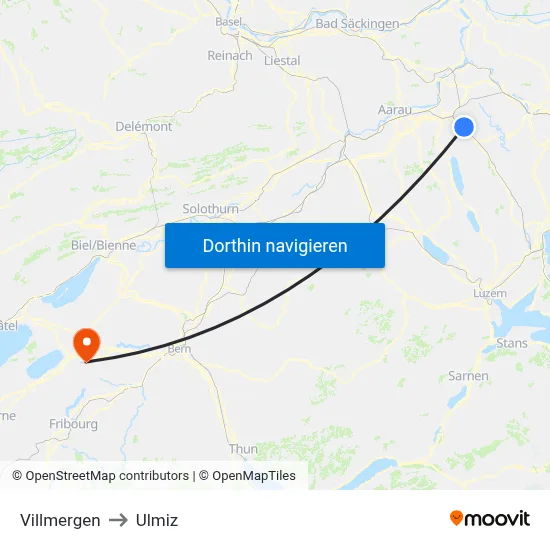 Villmergen to Ulmiz map