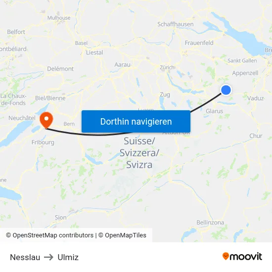 Nesslau to Ulmiz map