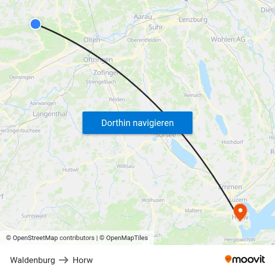 Waldenburg to Horw map