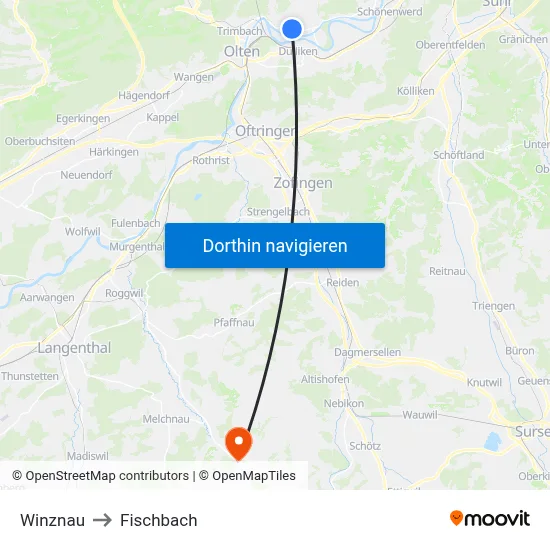 Winznau to Fischbach map