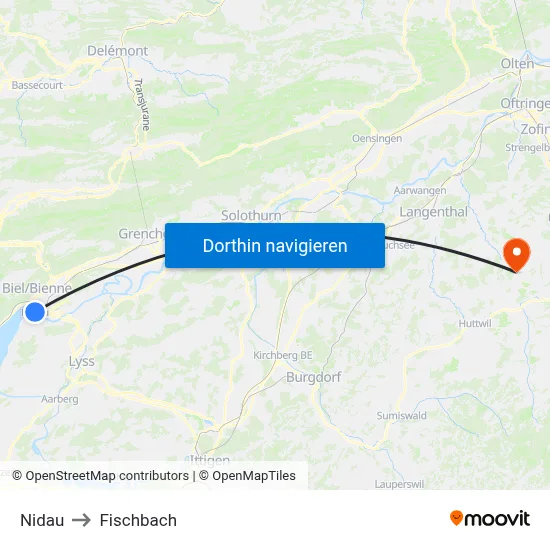 Nidau to Fischbach map