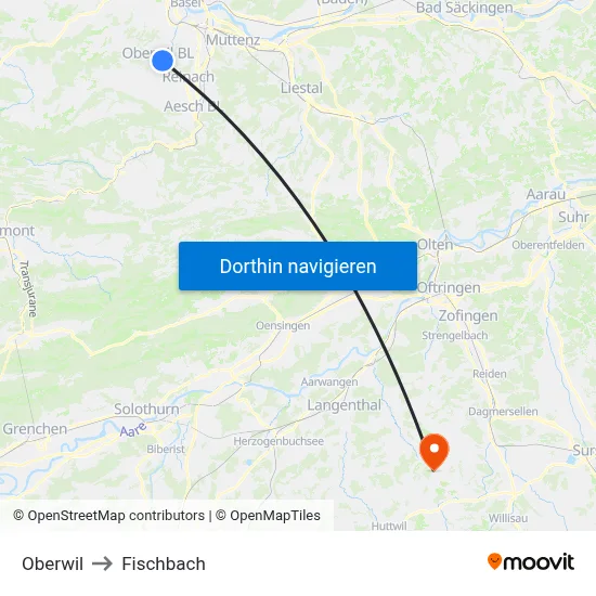 Oberwil to Fischbach map