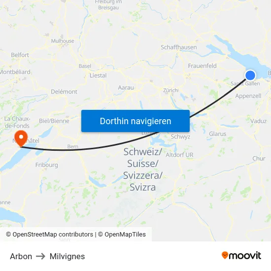 Arbon to Milvignes map