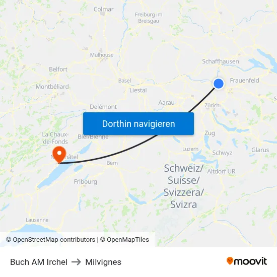 Buch AM Irchel to Milvignes map