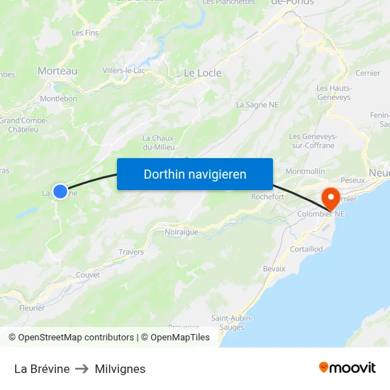 La Brévine to Milvignes map