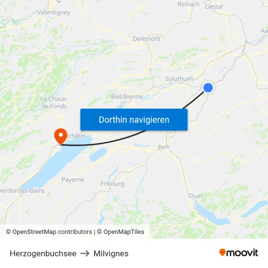 Herzogenbuchsee to Milvignes map