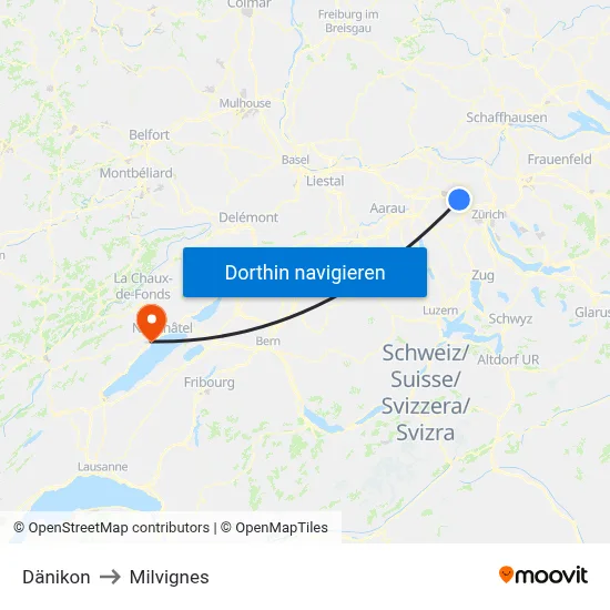 Dänikon to Milvignes map