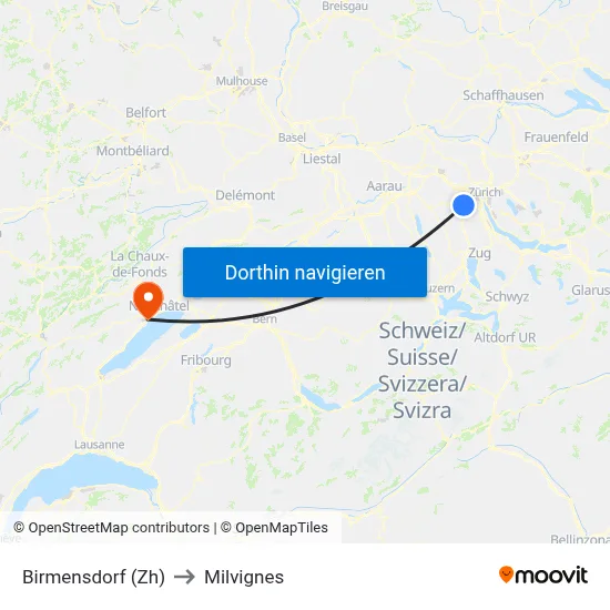 Birmensdorf (Zh) to Milvignes map