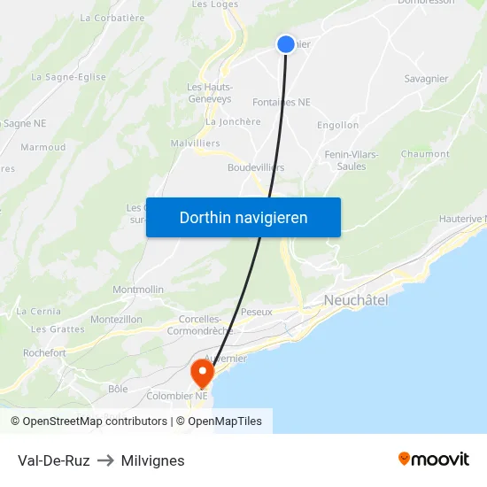 Val-De-Ruz to Milvignes map