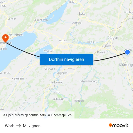Worb to Milvignes map