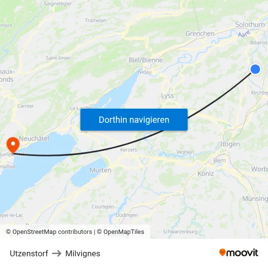Utzenstorf to Milvignes map