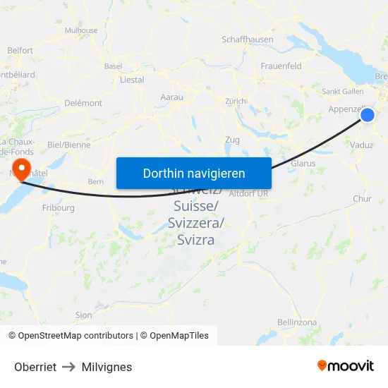 Oberriet to Milvignes map
