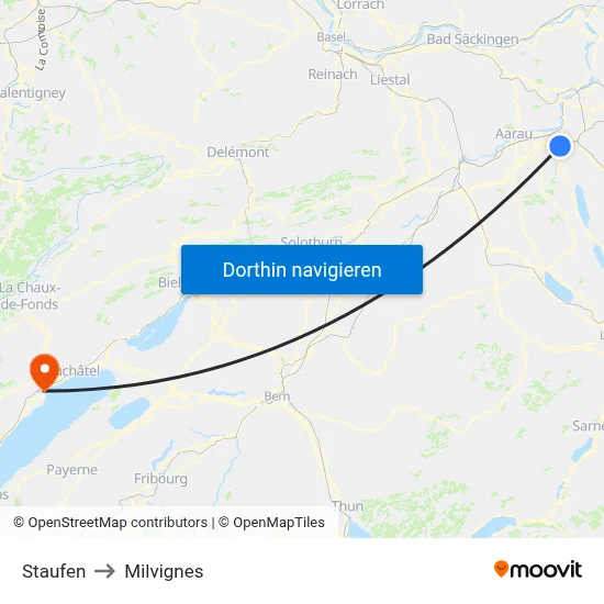 Staufen to Milvignes map