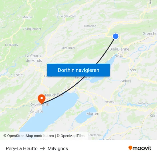 Péry-La Heutte to Milvignes map