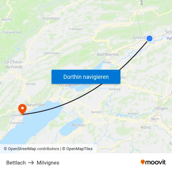 Bettlach to Milvignes map