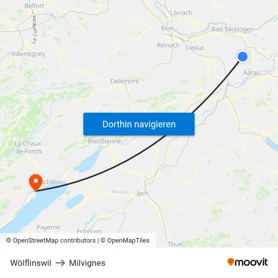 Wölflinswil to Milvignes map