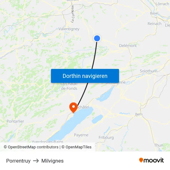 Porrentruy to Milvignes map