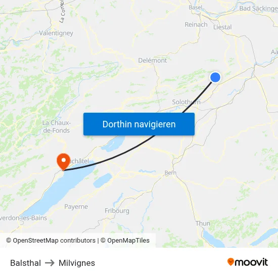 Balsthal to Milvignes map