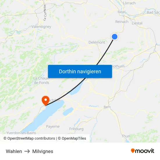 Wahlen to Milvignes map