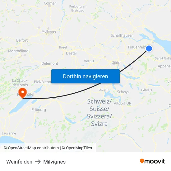 Weinfelden to Milvignes map