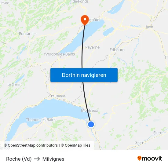 Roche (Vd) to Milvignes map