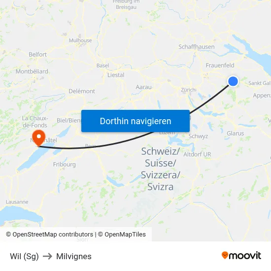 Wil (Sg) to Milvignes map