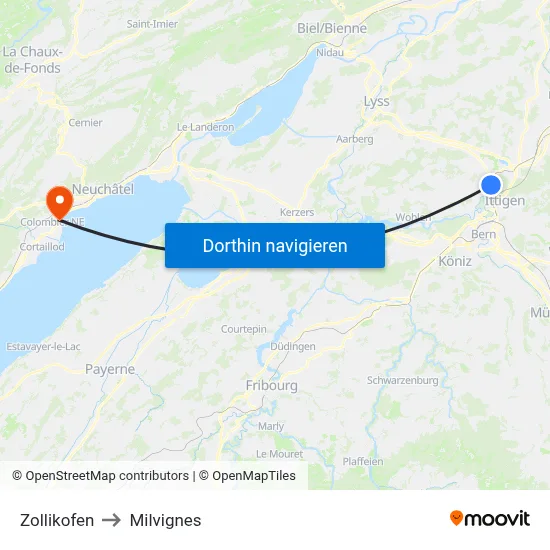 Zollikofen to Milvignes map