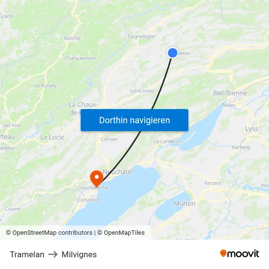 Tramelan to Milvignes map
