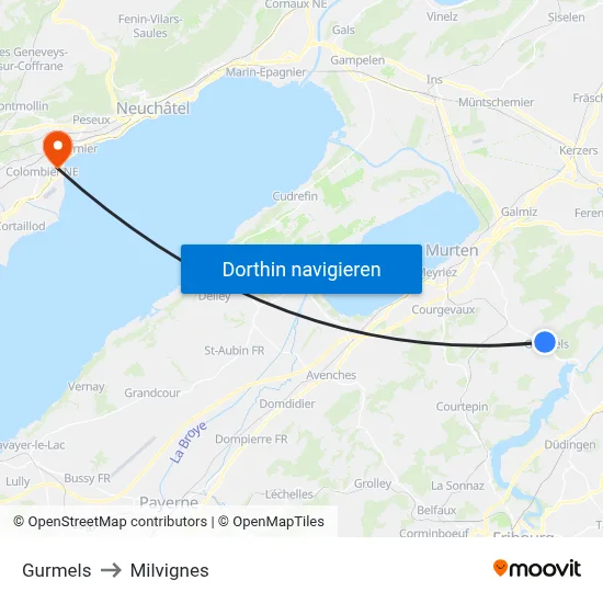 Gurmels to Milvignes map