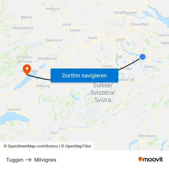 Tuggen to Milvignes map