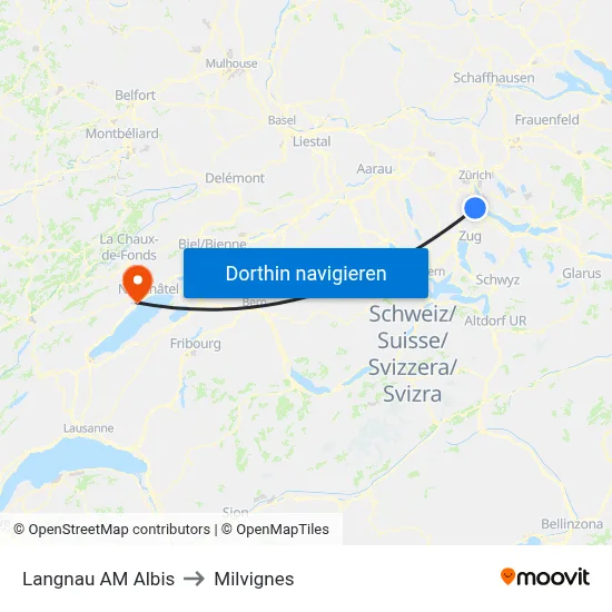 Langnau AM Albis to Milvignes map