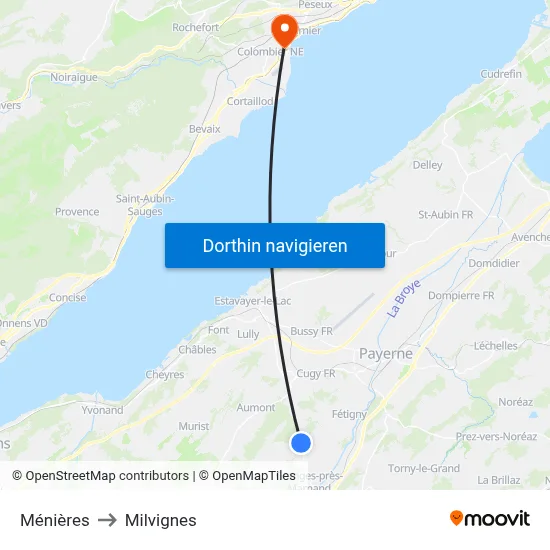 Ménières to Milvignes map