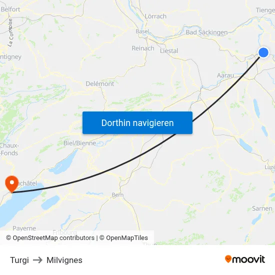 Turgi to Milvignes map
