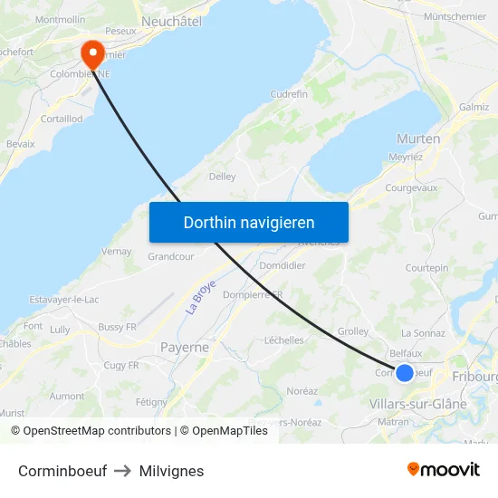 Corminboeuf to Milvignes map