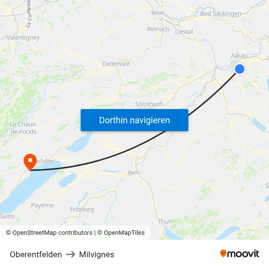 Oberentfelden to Milvignes map