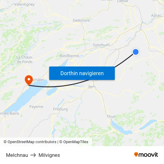 Melchnau to Milvignes map