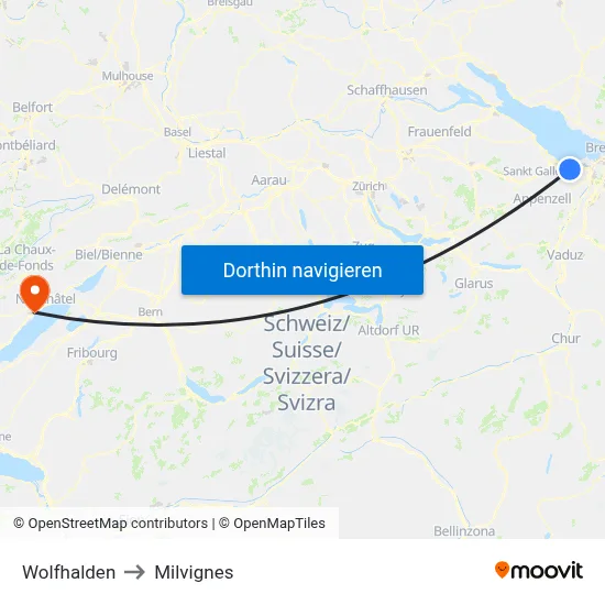 Wolfhalden to Milvignes map