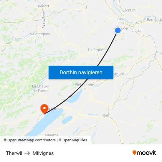 Therwil to Milvignes map