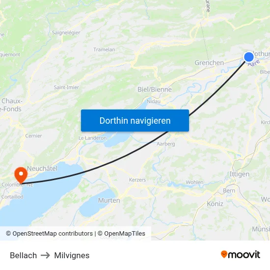 Bellach to Milvignes map